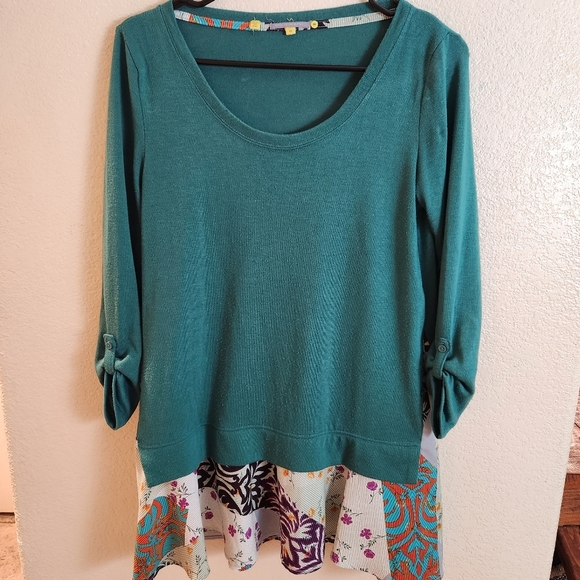 Little Yellow Button Green Patchwork Mix Media Boho Long Sleeve Top Tunic XS - Picture 3 of 9